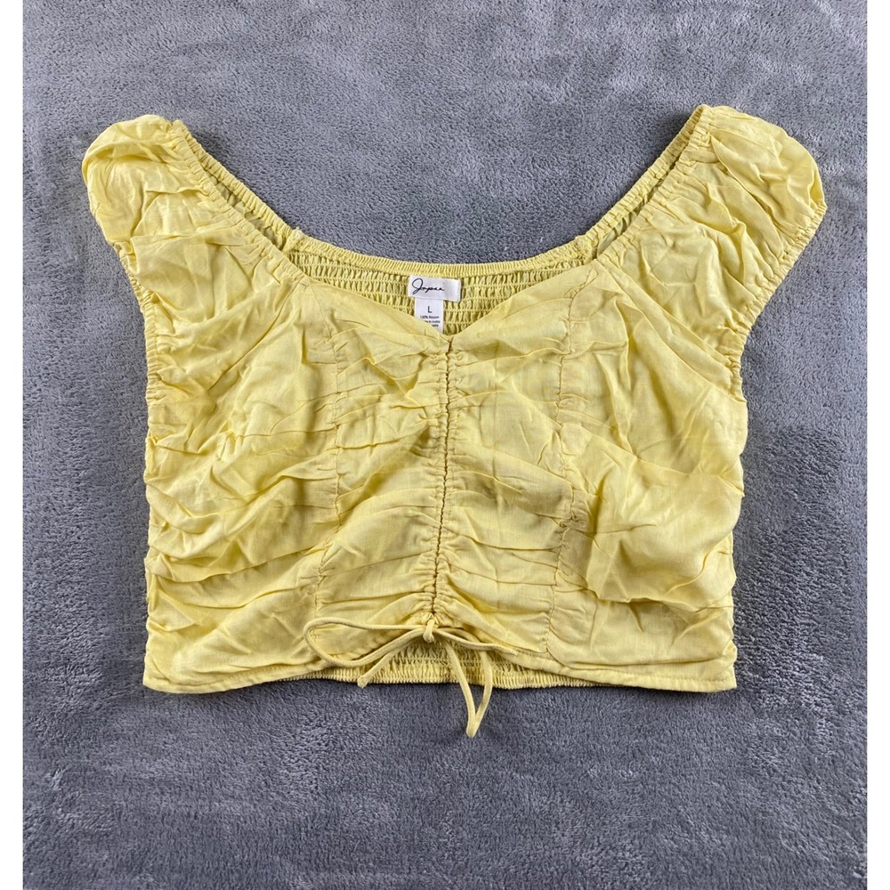Japna Womens Yellow Ruched Front Smocked Back Cap Sleeve Crop Top Blouse Large